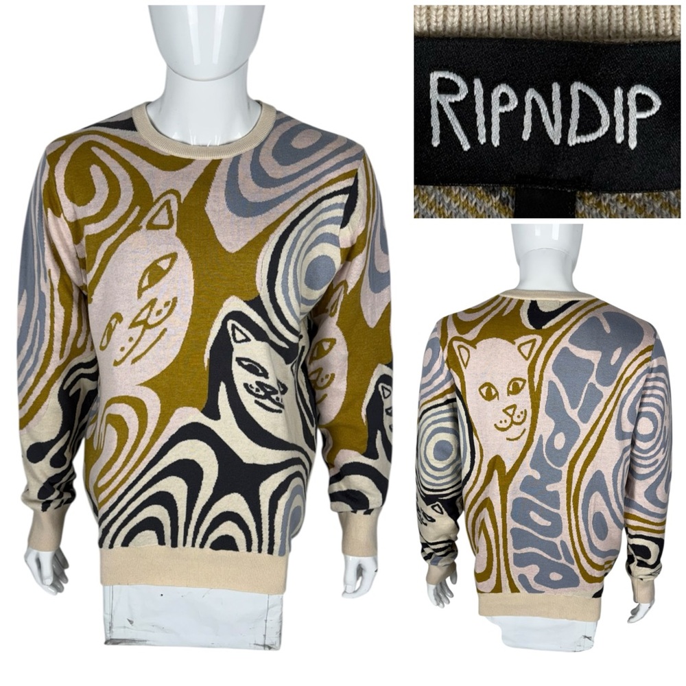 RIPNDIP Mens XL Sweater Camo Cat All Over Print Pullover Streetwear Knit EUC